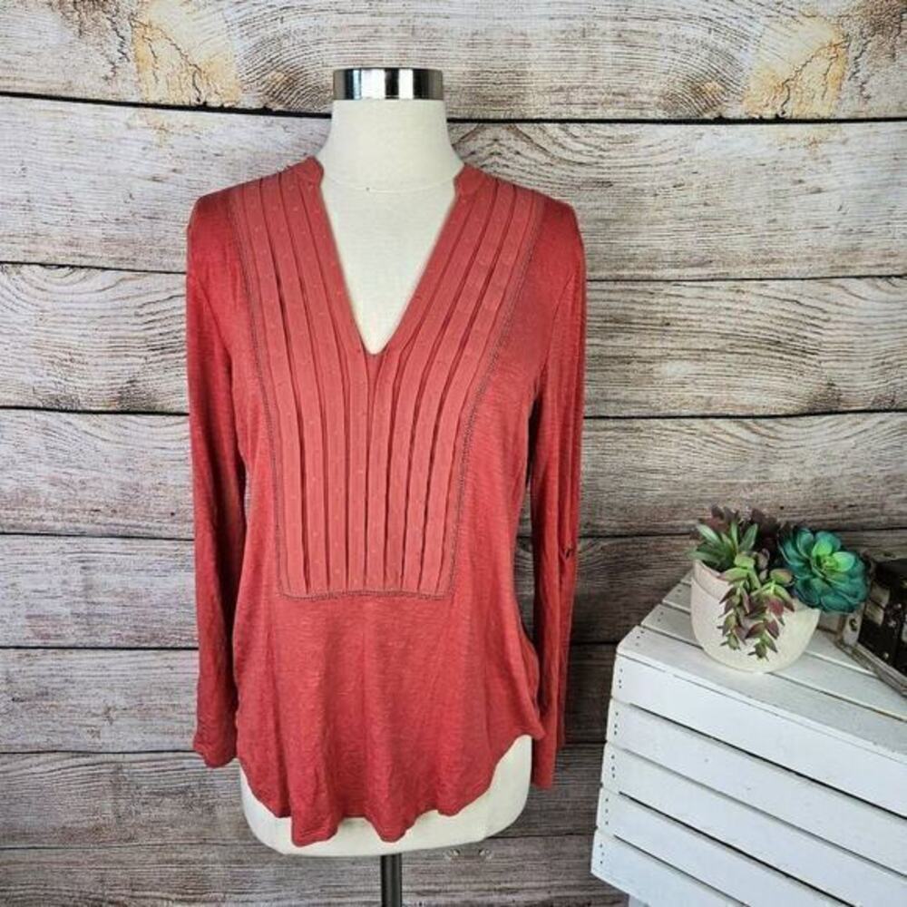 Dolan Pleated Collar Long Sleeve Deep V-Neck‎ Blouse Burnt Orange Size Small